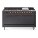 ILVE UP60FQNMPMGP Nostalgie II 60 inch Dual Fuel Range with 5.8 cu. ft. Total Double Oven Capacity (9 Sealed Burners + Griddle, Natural Gas, Solid Door, Graphite Matte, Copper)