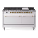 ILVE UP60FQNMPWHG Nostalgie II 60 inch Dual Fuel Range with 5.8 cu. ft. Total Double Oven Capacity (9 Sealed Burners + Griddle, Natural Gas, Solid Door, White, Brass)