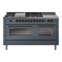 ILVE UP60FSNMPBGB Nostalgie II 60 inch Dual Fuel Range with 5.8 cu. ft. Total Double Oven Capacity (7 Sealed Burners + Griddle + French Top, Natural Gas, Triple Glass Door, Blue Grey, Burnished)