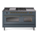 ILVE UP60FSNMPBGGLP Nostalgie II 60 inch Dual Fuel Range with 5.8 cu. ft. Total Double Oven Capacity (7 Sealed Burners + Griddle + French Top, Liquid Propane, Triple Glass Door, Blue Grey, Brass)