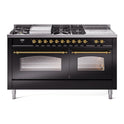ILVE UP60FSNMPBKG Nostalgie II 60 inch Dual Fuel Range with 5.8 cu. ft. Total Double Oven Capacity (7 Sealed Burners + Griddle + French Top, Natural Gas, Triple Glass Door, Glossy Black, Brass)