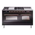 ILVE UP60FSNMPBKP Nostalgie II 60 inch Dual Fuel Range with 5.8 cu. ft. Total Double Oven Capacity (7 Sealed Burners + Griddle + French Top, Natural Gas, Triple Glass Door, Glossy Black, Copper)