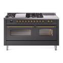 ILVE UP60FSNMPMGGLP Nostalgie II 60 inch Dual Fuel Range with 5.8 cu. ft. Total Double Oven Capacity (7 Sealed Burners + Griddle + French Top, Liquid Propane, Triple Glass Door, Graphite Matte, Brass)