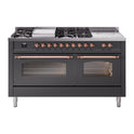 ILVE UP60FSNMPMGP Nostalgie II 60 inch Dual Fuel Range with 5.8 cu. ft. Total Double Oven Capacity (7 Sealed Burners + Griddle + French Top, Natural Gas, Triple Glass Door, Graphite Matte, Copper)