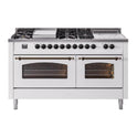 ILVE UP60FSNMPWHBLP Nostalgie II 60 inch Dual Fuel Range with 5.8 cu. ft. Total Double Oven Capacity (7 Sealed Burners + Griddle + French Top, Liquid Propane, Triple Glass Door, White, Burnished)