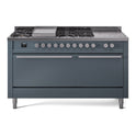 ILVE UP60FSQMPBG Professional Plus II 60 inch Dual Fuel Range  (7 Sealed Burners + Griddle + French Top, Natural Gas, Solid Door, Blue Grey)