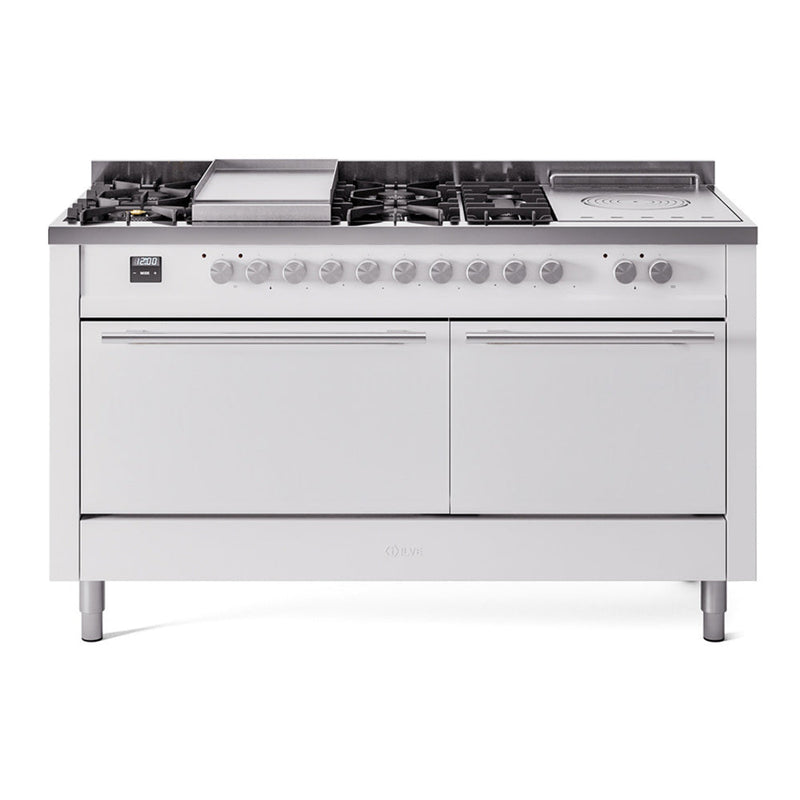 ILVE UP60FSQMPWH Professional Plus II 60 inch Dual Fuel Range  (7 Sealed Burners + Griddle + French Top, Natural Gas, Solid Door, White) ILVE