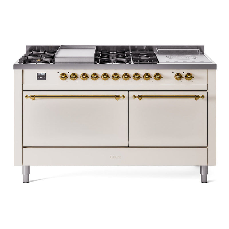 ILVE UP60FSQNMPAWG Nostalgie II 60 inch Dual Fuel Range with 5.8 cu. ft. Total Double Oven Capacity (7 Sealed Burners + Griddle + French Top, Natural Gas, Solid Door, Antique White, Brass) ILVE