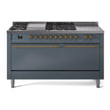 ILVE UP60FSQNMPBGG Nostalgie II 60 inch Dual Fuel Range with 5.8 cu. ft. Total Double Oven Capacity (7 Sealed Burners + Griddle + French Top, Natural Gas, Solid Door, Blue Grey, Brass)