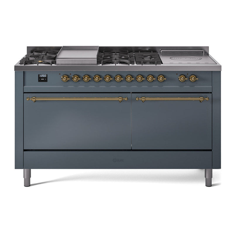 ILVE UP60FSQNMPBGG Nostalgie II 60 inch Dual Fuel Range with 5.8 cu. ft. Total Double Oven Capacity (7 Sealed Burners + Griddle + French Top, Natural Gas, Solid Door, Blue Grey, Brass) ILVE