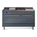 ILVE UP60FSQNMPBGP Nostalgie II 60 inch Dual Fuel Range with 5.8 cu. ft. Total Double Oven Capacity (7 Sealed Burners + Griddle + French Top, Natural Gas, Solid Door, Blue Grey, Copper)