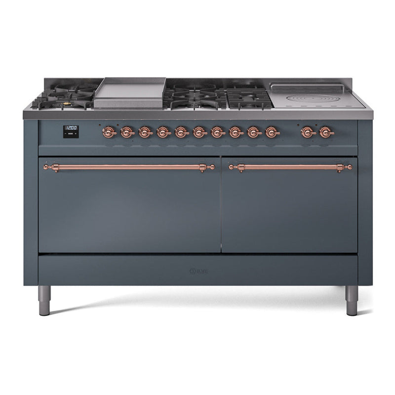 ILVE UP60FSQNMPBGP Nostalgie II 60 inch Dual Fuel Range with 5.8 cu. ft. Total Double Oven Capacity (7 Sealed Burners + Griddle + French Top, Natural Gas, Solid Door, Blue Grey, Copper) ILVE