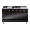 ILVE UP60FSQNMPBKG Nostalgie II 60 inch Dual Fuel Range with 5.8 cu. ft. Total Double Oven Capacity (7 Sealed Burners + Griddle + French Top, Natural Gas, Solid Door, Glossy Black, Brass)