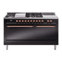 ILVE UP60FSQNMPBKP Nostalgie II 60 inch Dual Fuel Range with 5.8 cu. ft. Total Double Oven Capacity (7 Sealed Burners + Griddle + French Top, Natural Gas, Solid Door, Glossy Black, Copper)