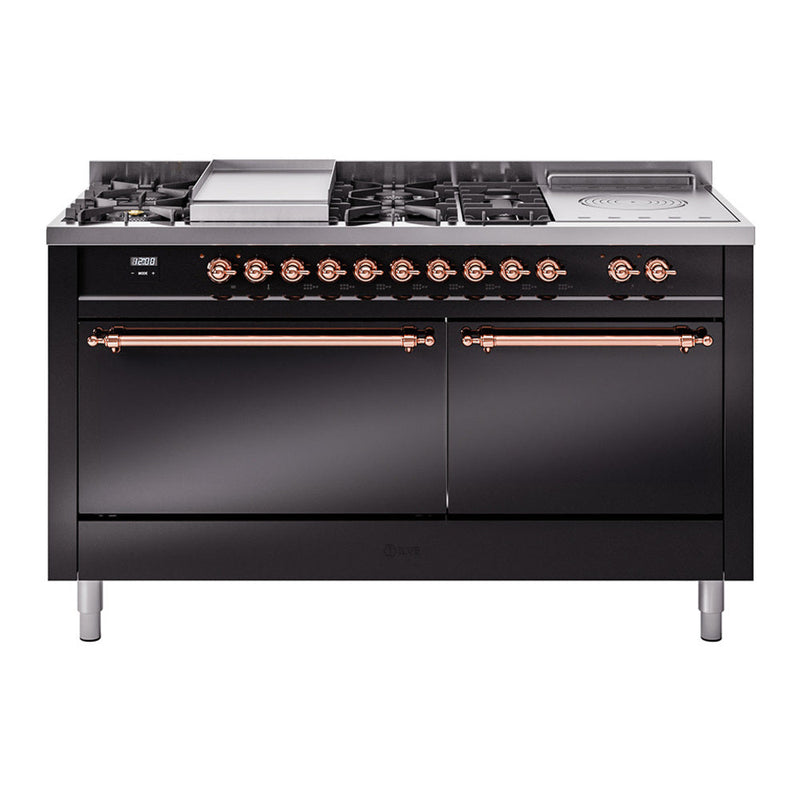 ILVE UP60FSQNMPBKP Nostalgie II 60 inch Dual Fuel Range with 5.8 cu. ft. Total Double Oven Capacity (7 Sealed Burners + Griddle + French Top, Natural Gas, Solid Door, Glossy Black, Copper) ILVE