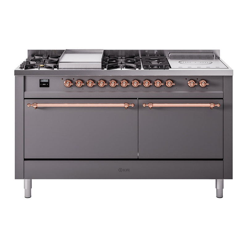 ILVE UP60FSQNMPMGP Nostalgie II 60 inch Dual Fuel Range with 5.8 cu. ft. Total Double Oven Capacity (7 Sealed Burners + Griddle + French Top, Natural Gas, Solid Door, Graphite Matte, Copper) ILVE