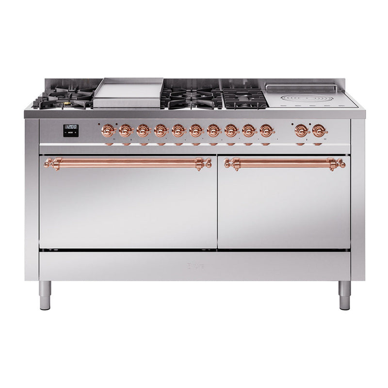ILVE UP60FSQNMPSSP Nostalgie II 60 inch Dual Fuel Range with 5.8 cu. ft. Total Double Oven Capacity (7 Sealed Burners + Griddle + French Top, Natural Gas, Solid Door, Stainless Steel, Copper) ILVE