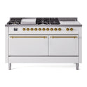 ILVE UP60FSQNMPWHG Nostalgie II 60 inch Dual Fuel Range with 5.8 cu. ft. Total Double Oven Capacity (7 Sealed Burners + Griddle + French Top, Natural Gas, Solid Door, White, Brass)