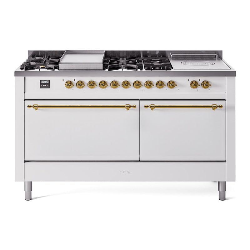 ILVE UP60FSQNMPWHG Nostalgie II 60 inch Dual Fuel Range with 5.8 cu. ft. Total Double Oven Capacity (7 Sealed Burners + Griddle + French Top, Natural Gas, Solid Door, White, Brass) ILVE