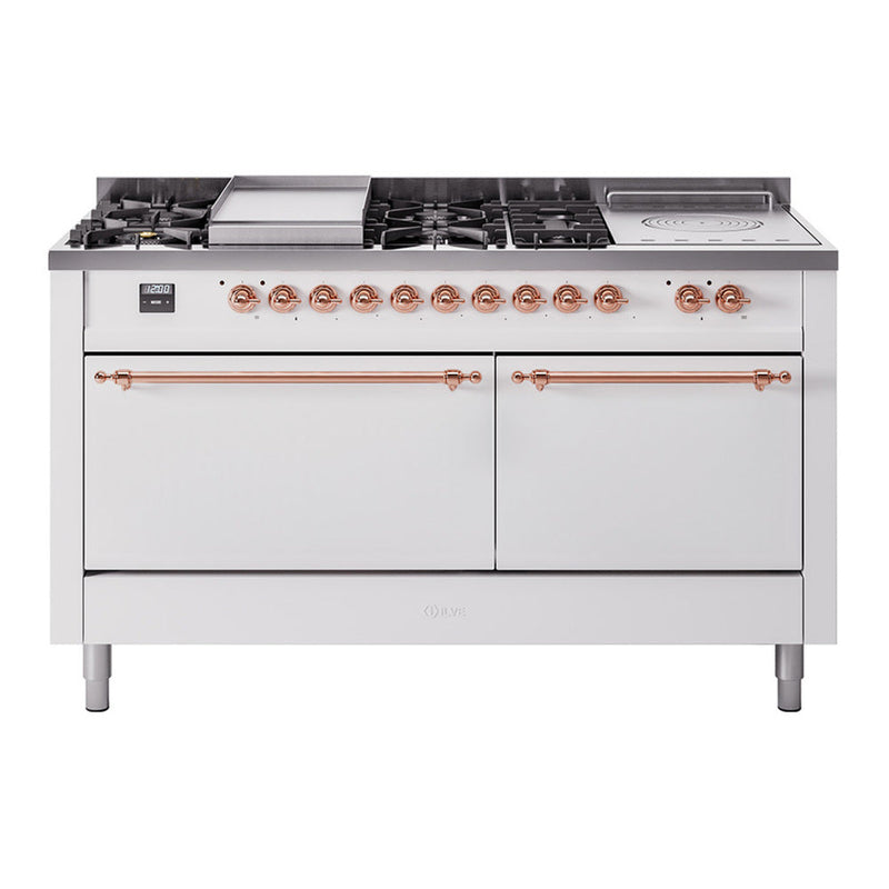 ILVE UP60FSQNMPWHP Nostalgie II 60 inch Dual Fuel Range with 5.8 cu. ft. Total Double Oven Capacity (7 Sealed Burners + Griddle + French Top, Natural Gas, Solid Door, White, Copper) ILVE