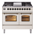 ILVE UPD40FNMPAWB Nostalgie II 40 inch Dual Fuel Range with Double Ovens, 6 Burners and Griddle (Natural Gas, Triple Glass Door, Antique White, Burnished)