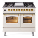 ILVE UPD40FNMPAWG Nostalgie II 40 inch Dual Fuel Range with Double Ovens, 6 Burners and Griddle (Natural Gas, Triple Glass Door, Antique White, Brass)
