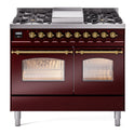 ILVE UPD40FNMPBUG Nostalgie II 40 inch Dual Fuel Range with Double Ovens, 6 Burners and Griddle (Natural Gas, Triple Glass Door, Burgundy, Brass)