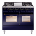 ILVE UPD40FNMPMBBLP Nostalgie II 40 inch Dual Fuel Range with Double Ovens, 6 Burners and Griddle (Liquid Propane, Triple Glass Door, Midnight Blue, Burnished)