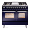 ILVE UPD40FNMPMBC Nostalgie II 40 inch Dual Fuel Range with Double Ovens, 6 Burners and Griddle (Natural Gas, Triple Glass Door, Midnight Blue, Chrome)