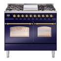 ILVE UPD40FNMPMBG Nostalgie II 40 inch Dual Fuel Range with Double Ovens, 6 Burners and Griddle (Natural Gas, Triple Glass Door, Midnight Blue, Brass)