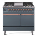 ILVE UPD40FQNMPBGP Nostalgie II 40 inch Dual Fuel Range with Double Ovens, 6 Burners and Griddle (Natural Gas, Solid Door, Blue Grey, Copper)