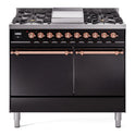 ILVE UPD40FQNMPBKP Nostalgie II 40 inch Dual Fuel Range with Double Ovens, 6 Burners and Griddle (Natural Gas, Solid Door, Glossy Black, Copper)