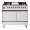 ILVE UPD40FQNMPWHP Nostalgie II 40 inch Dual Fuel Range with Double Ovens, 6 Burners and Griddle (Natural Gas, Solid Door, White, Copper)