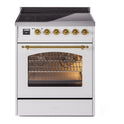 ILVE UPI304NMPWHG Nostalgie II 30 inch Induction Range with 4 Elements (Triple Glass Door, White, Brass)