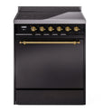 ILVE UPI304QNMPBKG Nostalgie II 30 inch Induction Range with 4 Elements (Solid Door, Glossy Black, Brass)