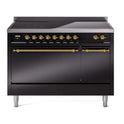ILVE UPI486QNMPBKG Nostalgie II 48 inch Induction Range with 6 Elements  (Solid Door, Glossy Black, Brass)