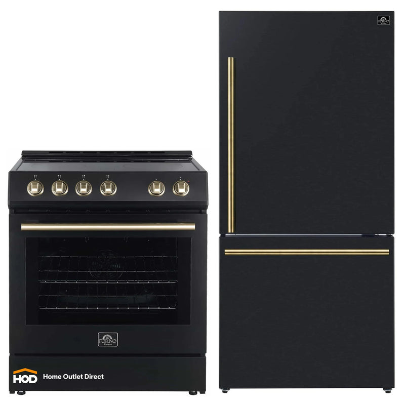 Forno Espresso 2-Piece Appliance Package - 30-Inch Electric Range with 5.0 Cu.Ft. Electric Oven and Refrigerator in Black with Antique Brass Trim (FBDL-003-02US)