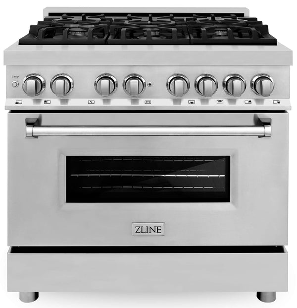 Cocina de combustible dual ZLINE de 36 pulgadas con quemadores de gas y horno eléctrico en acero inoxidable