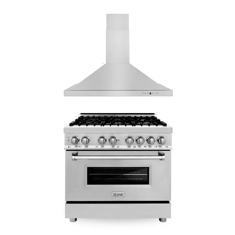 ZLINE 36 in. Kitchen Package with Stainless Steel Dual Fuel Range and Convertible Vent Range Hood (2KP-RARH36) Zline