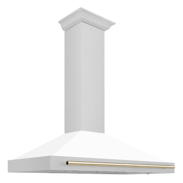 ZLINE 48 in. Autograph Edition Convertible Fingerprint Resistant Satin Stainless Steel Range Hood with White Matte Shell and Polished Gold Handle (KB4SNZ-WM48-G) Zline