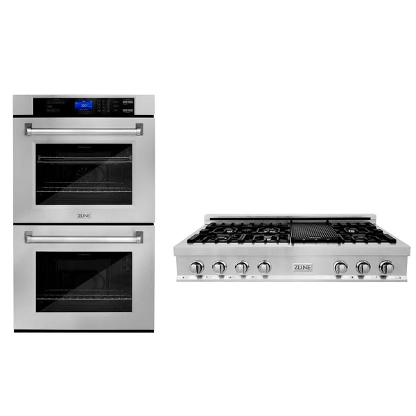 Paquete de cocina ZLINE con estufa de acero inoxidable de 48" y horno de pared doble de 30"
