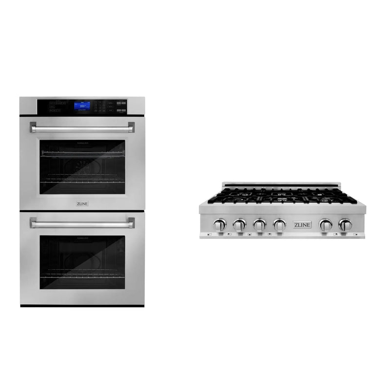 ZLINE Kitchen Package with 36 in. Stainless Steel Rangetop and 30 in. Double Wall Oven (2KP-RTAWD36) Zline