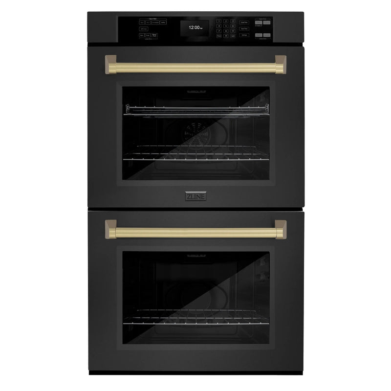 ZLINE 30 in. Autograph Edition Professional True Convection Double Wall Oven with Air Fry and Self Clean in Satin Stainless Steel with White Matte Doors and Polished Gold Handles (WADSZ-WM-30-G) Zline
