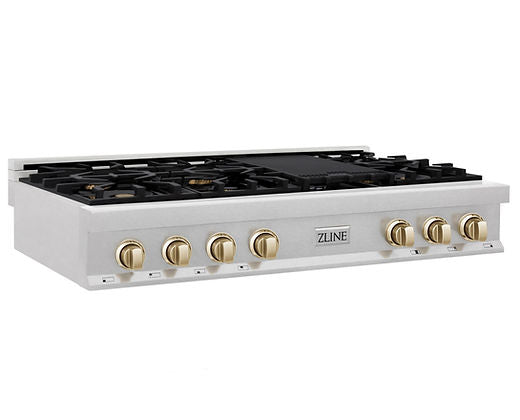 ZLINE Autograph Edition 48 in. Legacy Gas Rangetop with 7 Burners and Porcelain Cooktop in Satin Stainless Steel with Polished Gold Accents (RTSZ-48-G)