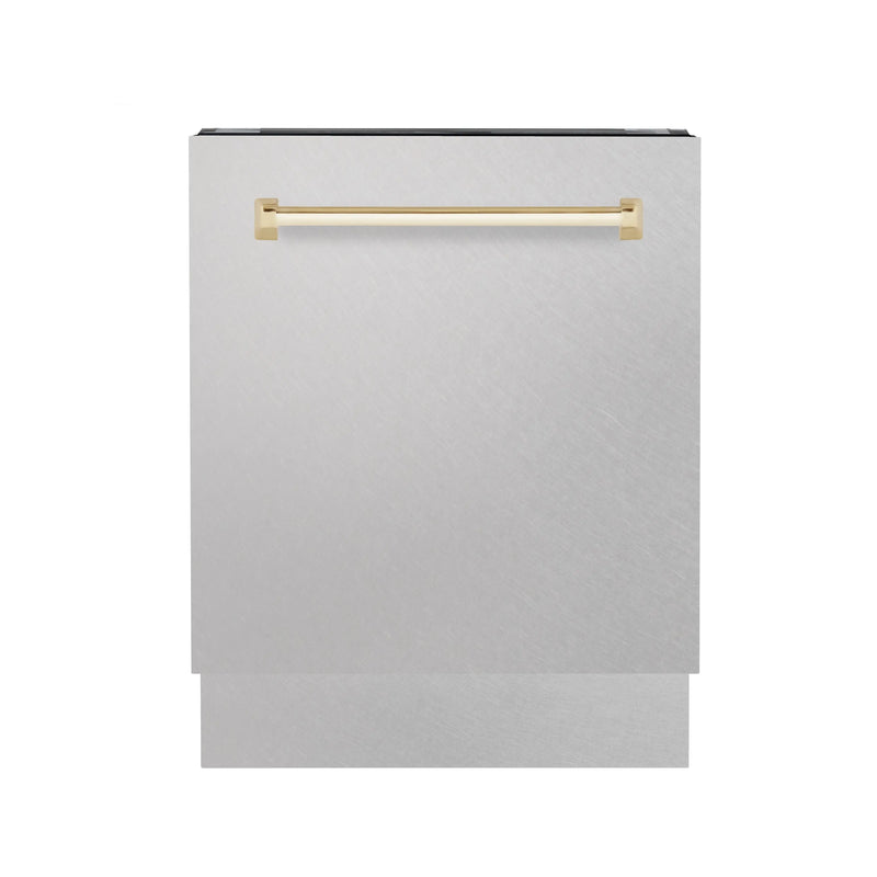 ZLINE Autograph Edition 24 in. Tallac Series 3rd Rack Top Control Built-In Tall Tub Dishwasher with Satin Stainless Steel Panel and Polished Gold Handle, 51dBa (DWVZ-SN-24-G) Zline