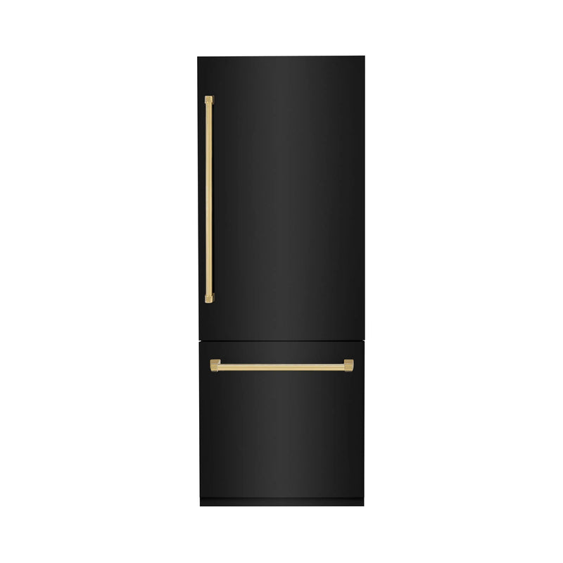 ZLINE Autograph Edition 30 in. 16.1 cu. ft. Built-In Bottom Freezer Refrigerator with Water Dispenser and Ice Maker in Black Stainless Steel with Polished Gold Accents (RBIVZ-BS-30-G) Zline
