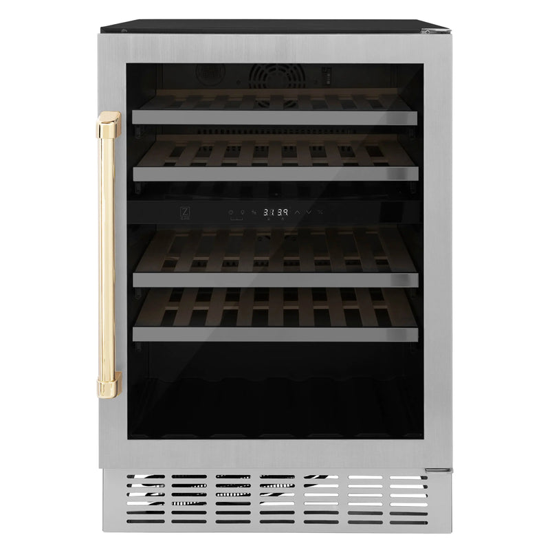 ZLINE 24" Autograph Edition Dual Zone 44-Bottle Wine Cooler in Stainless Steel with Wood Shelf and Polished Gold  Accents (RWVZ-UD-24-G) Zline