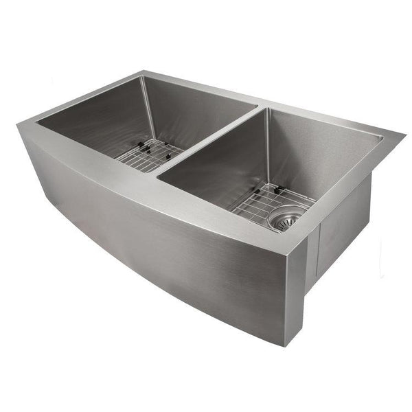 Fregadero de cocina de dos senos con montaje tipo delantal Courchevel Farmhouse de 36 pulgadas ZLINE con botella