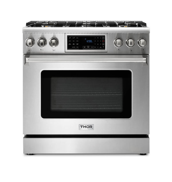 Cocina a gas Thor Kitchen de 36" con horno autolimpiable de 6.0 pies cúbicos, freidora de aire y sistema de inclinación