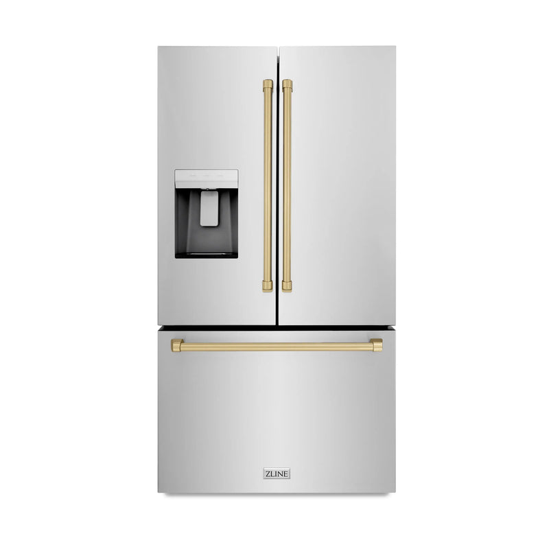 ZLINE RSMZ-W-36-CB stainless steel French door refrigerator with champagne bronze handles, front view